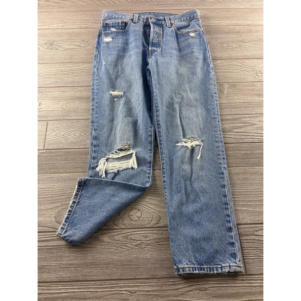 Levis 501 Original Fit Distressed Straight Leg Jeans Medium Wash W28 L26